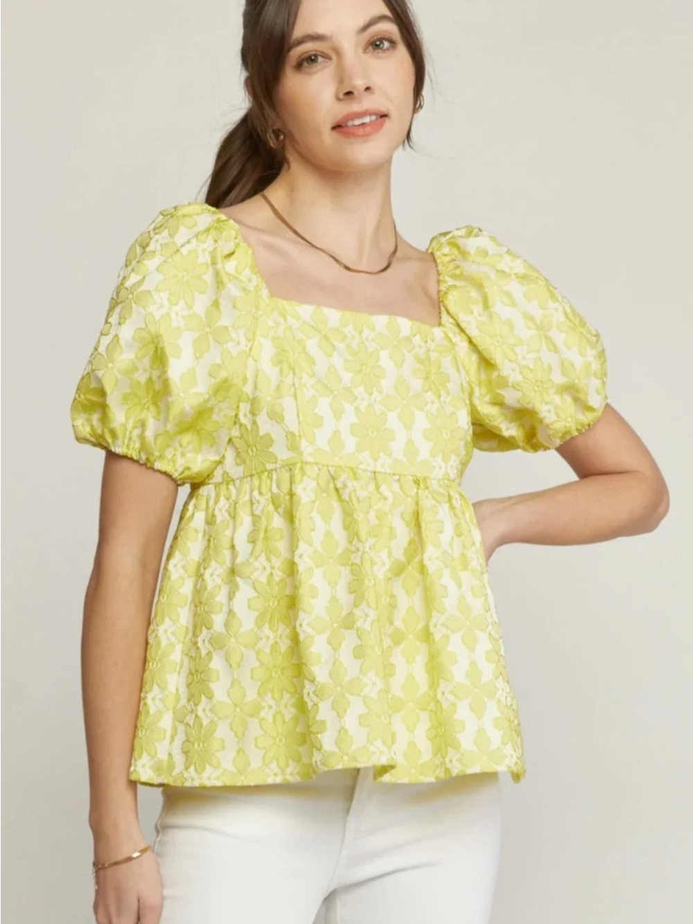 Entro Yellow Floral Textured Puff Sleeve Babydoll Top Size Large